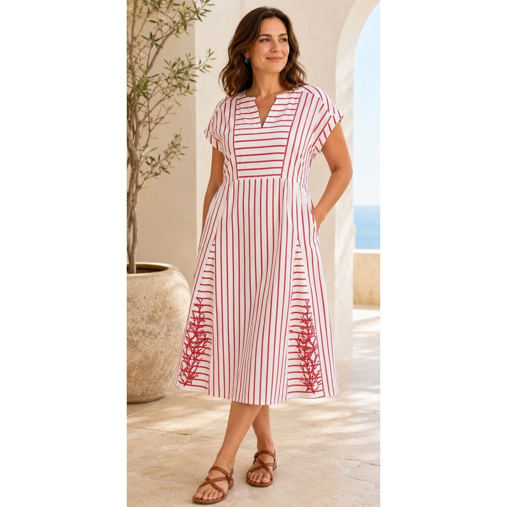 Chico's Red White Striped Coral Embroidered Dress Coastal Boho Size 2.5 US 14